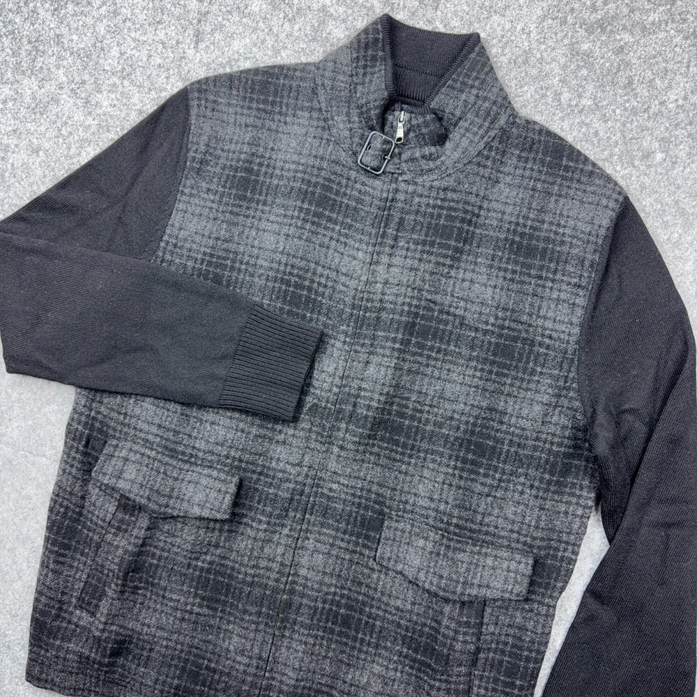 Banana Republic Jacket Womens Large Black Gray Plaid Wool Buckle Collar Full Zip